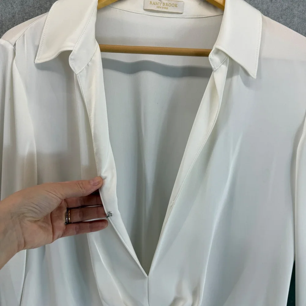 Ramy Brook Penny Bell Sleeve Mini Dress White Tie Front LS Collar Womens Size L?
